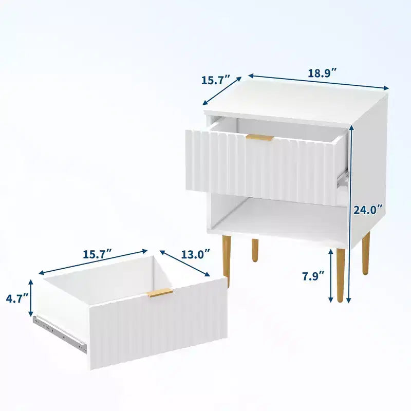 Mesita de noche moderna acanalada de 2 piezas y 2 cajones | Mesita de noche dorada y de madera con tomas de corriente | Mesita auxiliar pequeña para dormitorio
