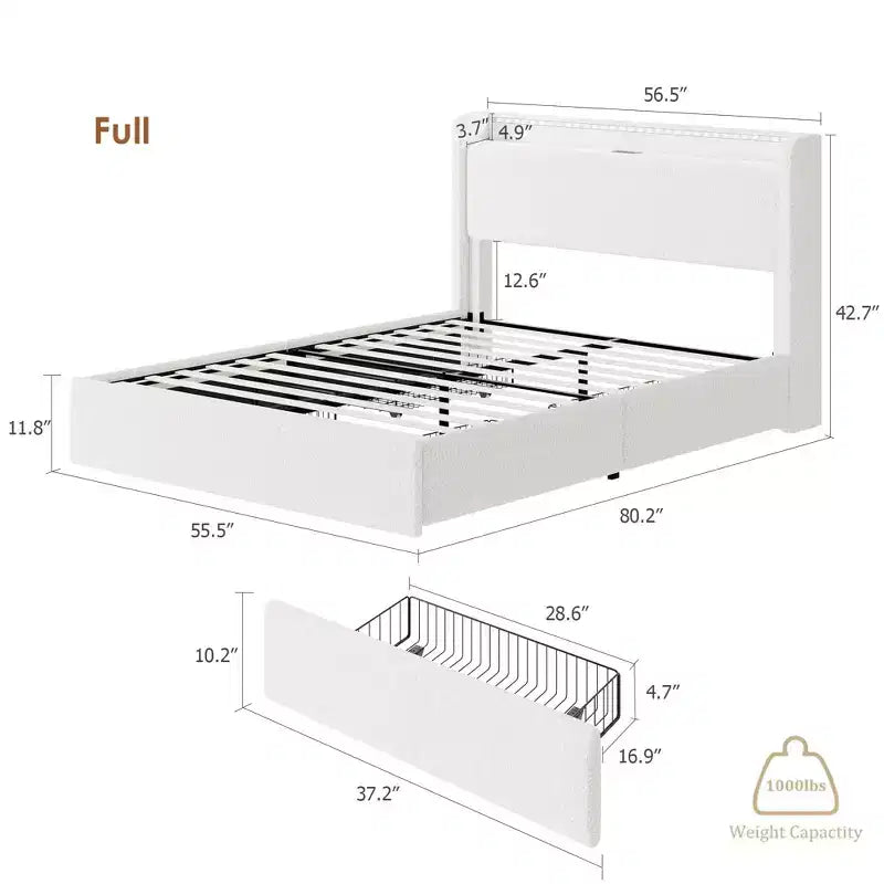 Estructura de cama matrimonial, estación de carga y luces LED, cama de plataforma tapizada, 4 cajones de almacenamiento, soporte de tablillas de madera maciza, no necesita somier
