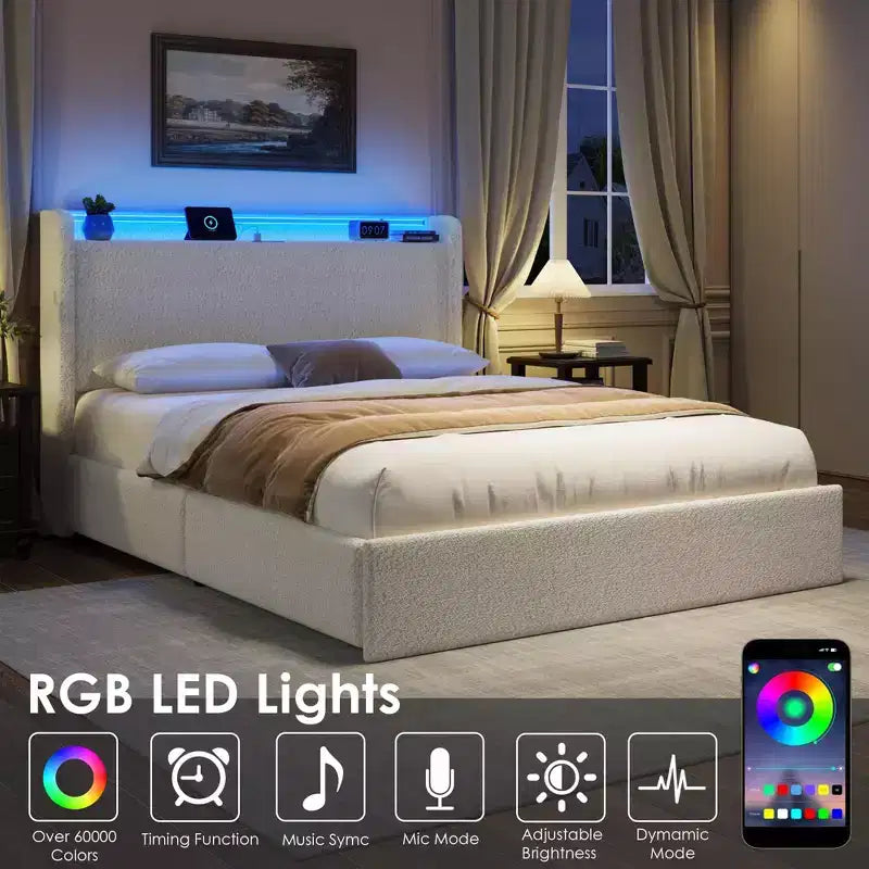 Estructura de cama matrimonial, estación de carga y luces LED, cama de plataforma tapizada, 4 cajones de almacenamiento, soporte de tablillas de madera maciza, no necesita somier