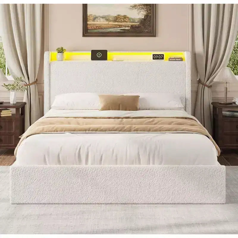 Estructura de cama matrimonial, estación de carga y luces LED, cama de plataforma tapizada, 4 cajones de almacenamiento, soporte de tablillas de madera maciza, no necesita somier