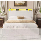 Estructura de cama matrimonial, estación de carga y luces LED, cama de plataforma tapizada, 4 cajones de almacenamiento, soporte de tablillas de madera maciza, no necesita somier