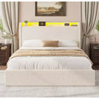 Estructura de cama matrimonial, estación de carga y luces LED, cama de plataforma tapizada, 4 cajones de almacenamiento, soporte de tablillas de madera maciza, no necesita somier