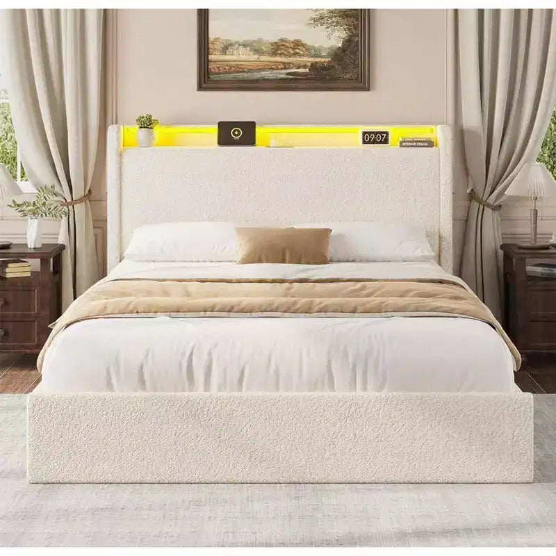 Estructura de cama matrimonial, estación de carga y luces LED, cama de plataforma tapizada, 4 cajones de almacenamiento, soporte de tablillas de madera maciza, no necesita somier