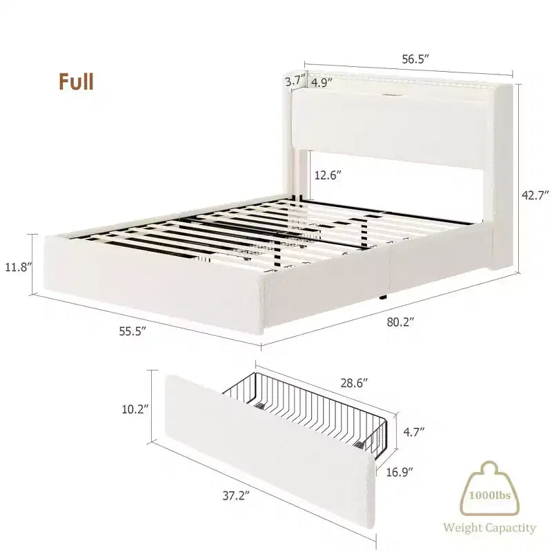 Estructura de cama matrimonial, estación de carga y luces LED, cama de plataforma tapizada, 4 cajones de almacenamiento, soporte de tablillas de madera maciza, no necesita somier