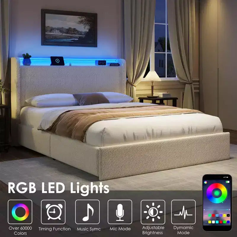 Estructura de cama matrimonial, estación de carga y luces LED, cama de plataforma tapizada, 4 cajones de almacenamiento, soporte de tablillas de madera maciza, no necesita somier