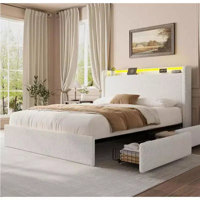 Estructura de cama matrimonial, estación de carga y luces LED, cama de plataforma tapizada, 4 cajones de almacenamiento, soporte de tablillas de madera maciza, no necesita somier