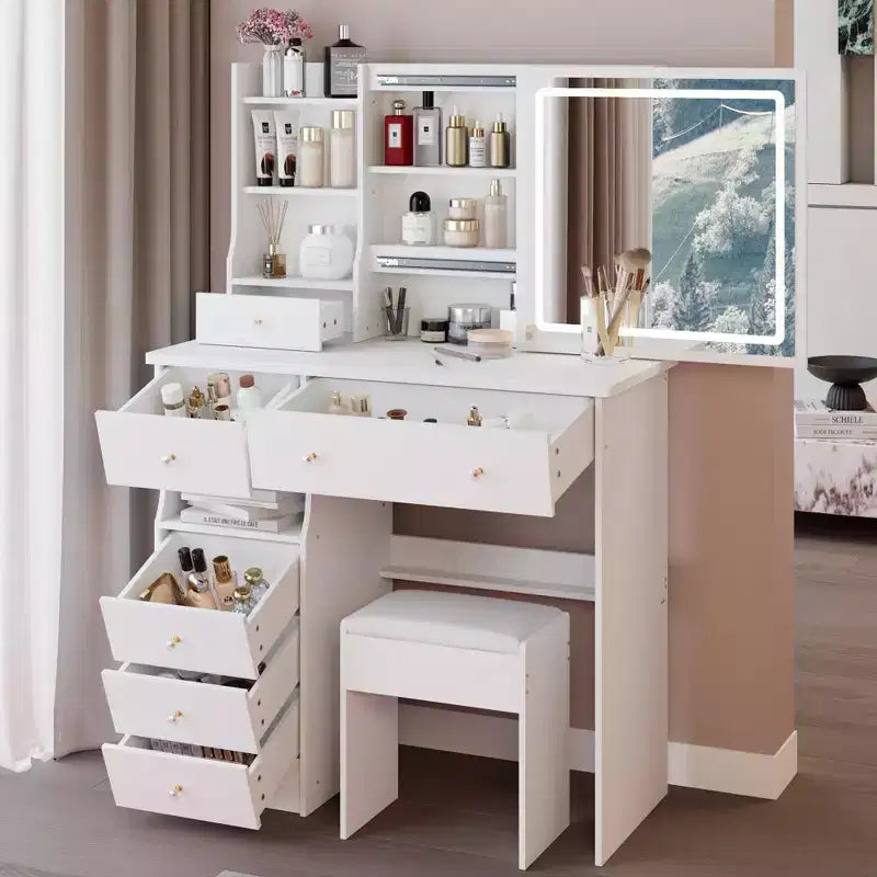 Mesa de tocador Okak 37IN con taburete acolchado, tocador de maquillaje con espejo grande deslizante y control táctil, amplio escritorio de tocador para espacios grandes
