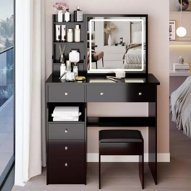 Okak 37IN Vanity Table with Cushioned Stool, Makeup Vanity with Large Sliding and Touch Control Mirror, Ample Vanity Desk for Large Space