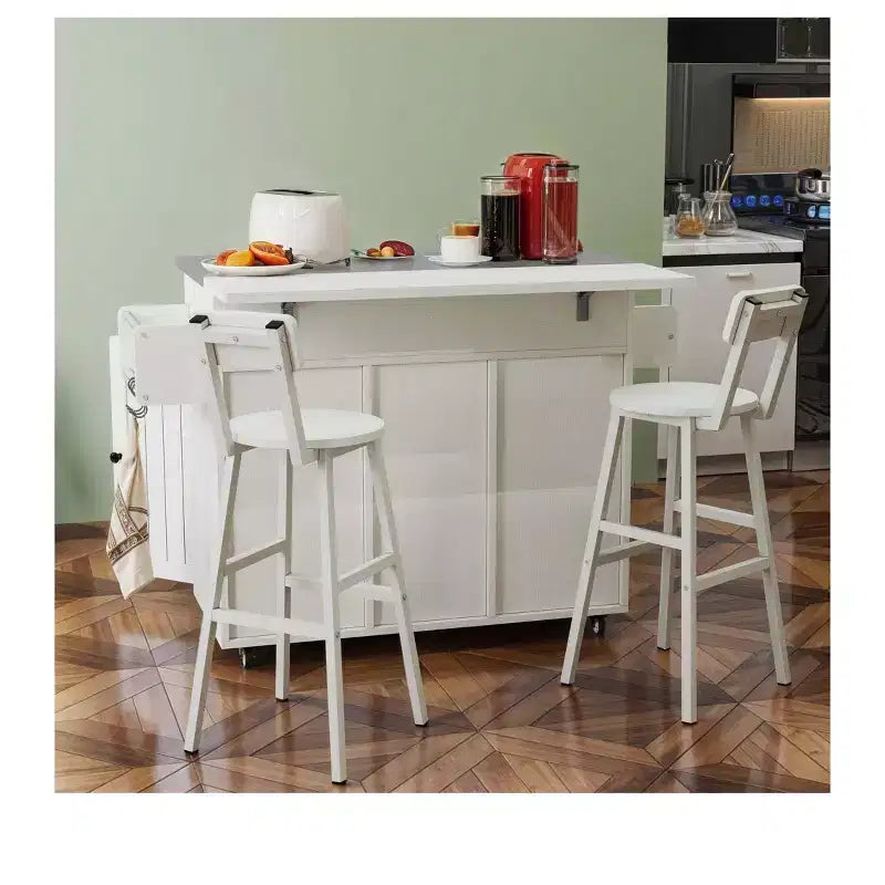 Rolling Kitchen Island Cart with Drop Leaf Countertop Adjustable Shelve Spice Rack With Two Chairs For Kitchen Dining Room