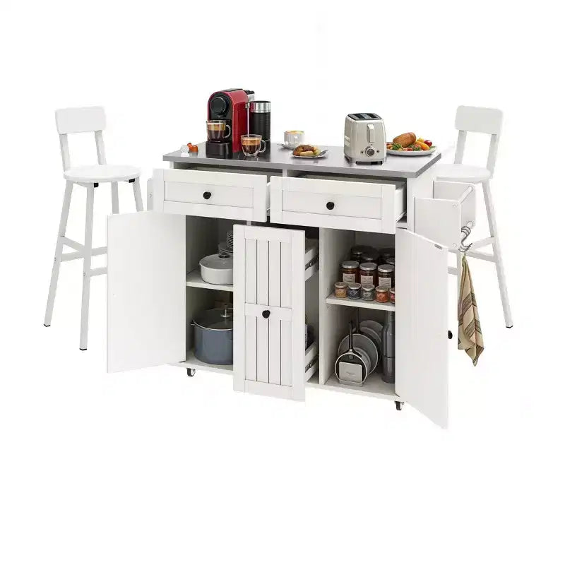 Carrito de cocina con ruedas con encimera de hoja abatible, estante ajustable, especiero con dos sillas para cocina y comedor