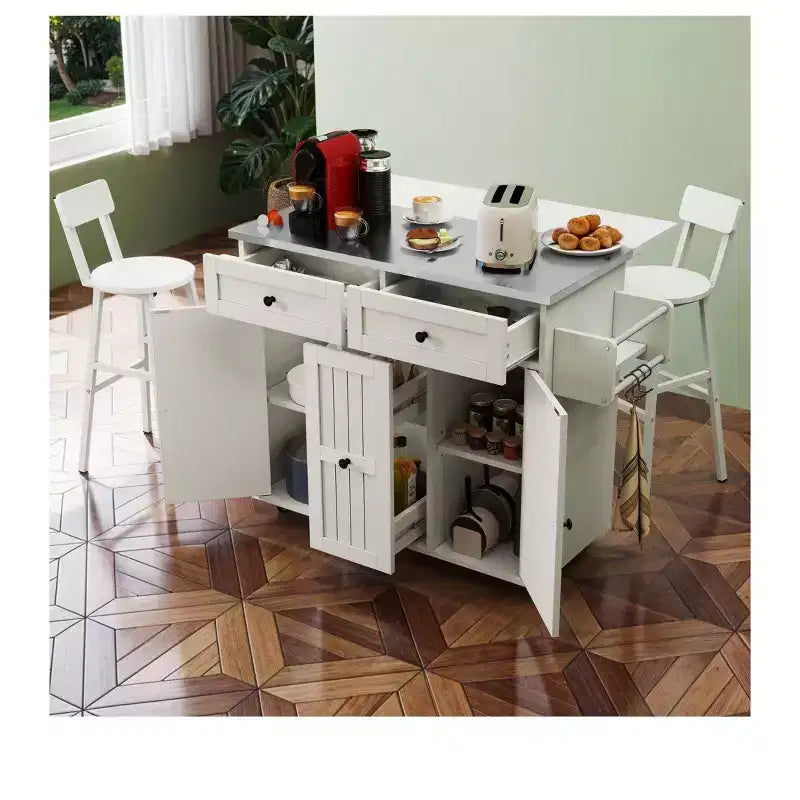 Carrito de cocina con ruedas con encimera de hoja abatible, estante ajustable, especiero con dos sillas para cocina y comedor