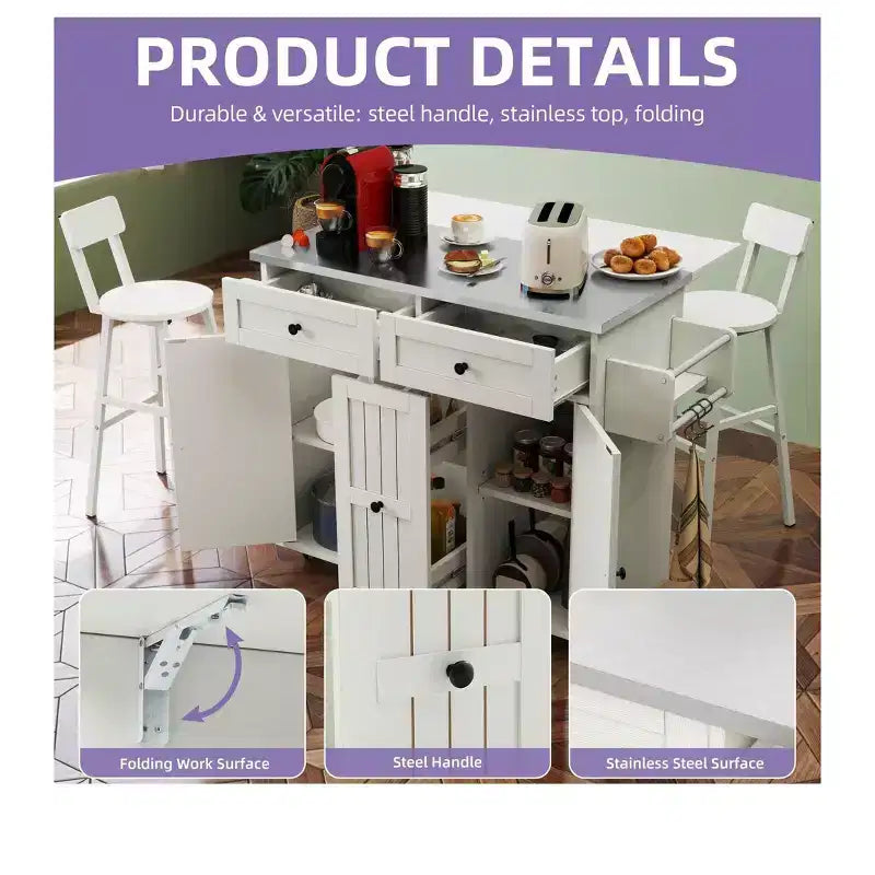 Carrito de cocina con ruedas con encimera de hoja abatible, estante ajustable, especiero con dos sillas para cocina y comedor