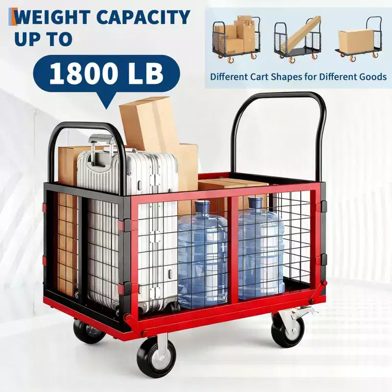Carro de plataforma de servicio pesado 4 en 1 con capacidad de 1800 lb - Carretilla de mano versátil, ruedas giratorias de 360 grados de 6 pulgadas, para almacén, garaje, supermercado