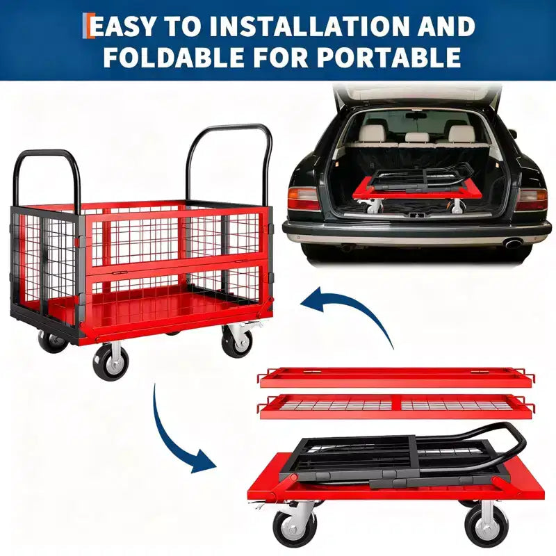 Carro de plataforma de servicio pesado 4 en 1 con capacidad de 1800 lb - Carretilla de mano versátil, ruedas giratorias de 360 grados de 6 pulgadas, para almacén, garaje, supermercado
