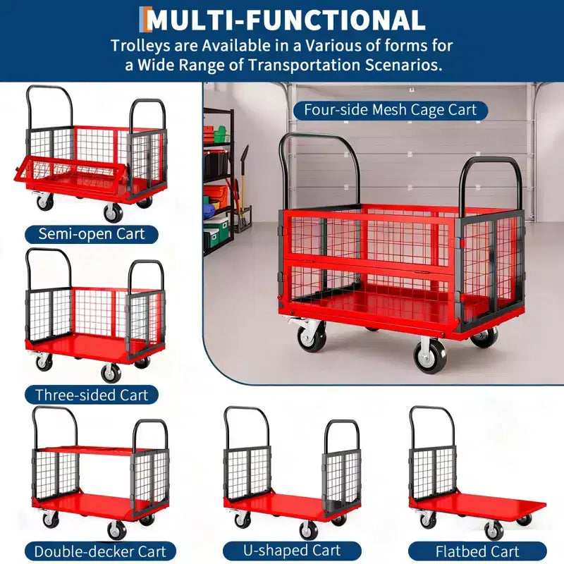 Carro de plataforma de servicio pesado 4 en 1 con capacidad de 1800 lb - Carretilla de mano versátil, ruedas giratorias de 360 grados de 6 pulgadas, para almacén, garaje, supermercado