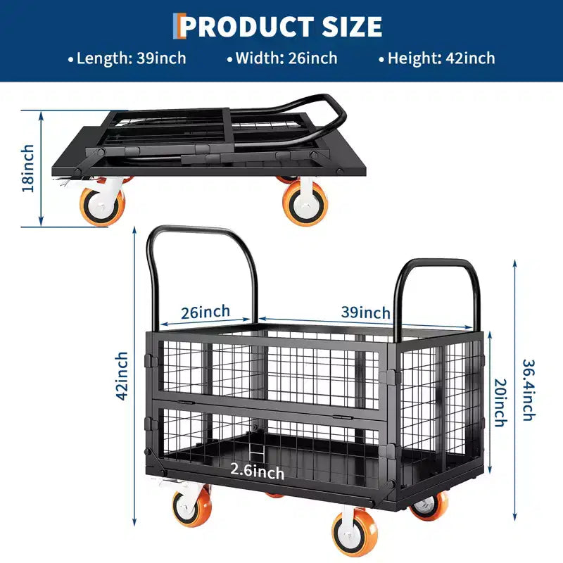 Carro de plataforma de servicio pesado 4 en 1 con capacidad de 1800 lb - Carretilla de mano versátil, ruedas giratorias de 360 grados de 6 pulgadas, para almacén, garaje, supermercado