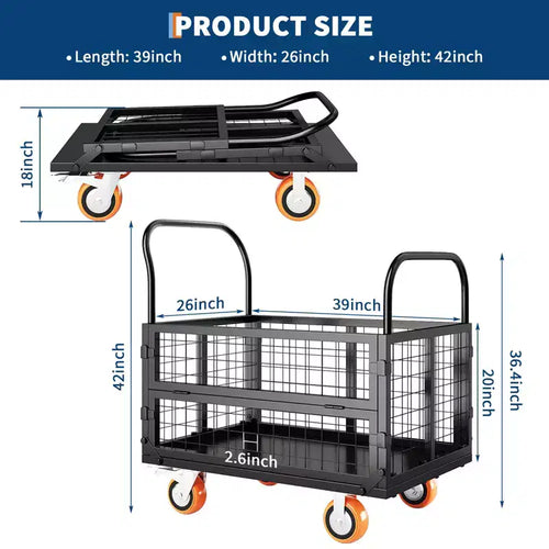 Carro de plataforma de servicio pesado 4 en 1 con capacidad de 1800 lb - Carretilla de mano versátil, ruedas giratorias de 360 grados de 6 pulgadas, para almacén, garaje, supermercado