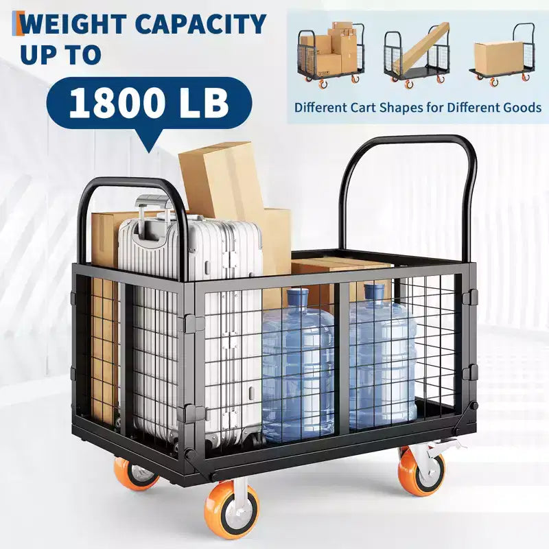 Carro de plataforma de servicio pesado 4 en 1 con capacidad de 1800 lb - Carretilla de mano versátil, ruedas giratorias de 360 grados de 6 pulgadas, para almacén, garaje, supermercado
