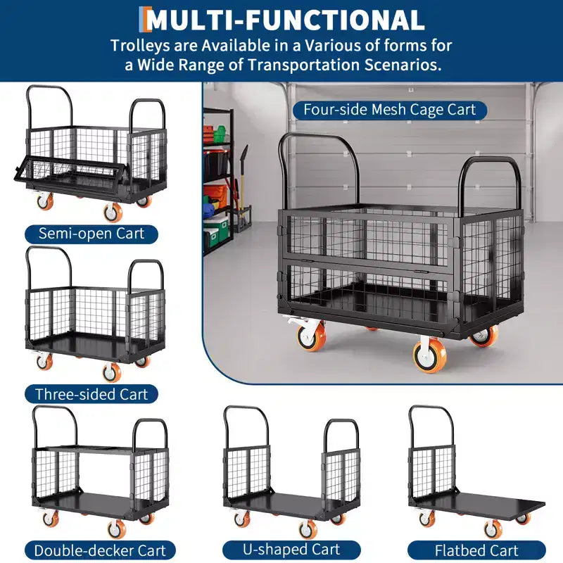 Carro de plataforma de servicio pesado 4 en 1 con capacidad de 1800 lb - Carretilla de mano versátil, ruedas giratorias de 360 grados de 6 pulgadas, para almacén, garaje, supermercado