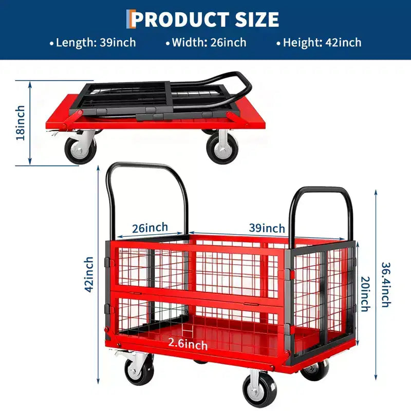 Carro de plataforma de servicio pesado 4 en 1 con capacidad de 1800 lb - Carretilla de mano versátil, ruedas giratorias de 360 grados de 6 pulgadas, para almacén, garaje, supermercado