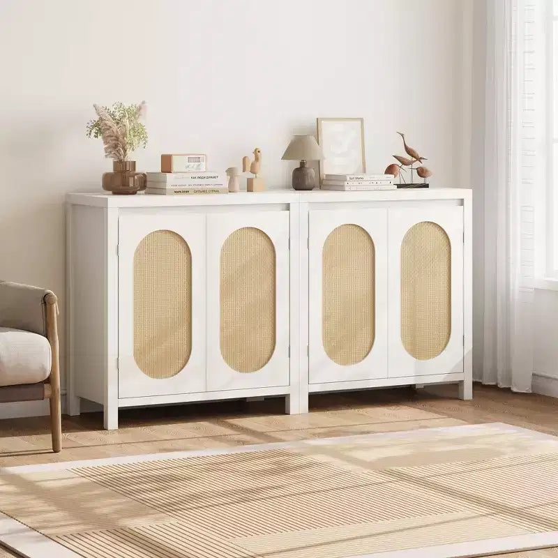 Aparador con puertas de ratán de 30.1 pulgadas, diseño de 2 puertas, aparador de madera natural para comedor y cocina