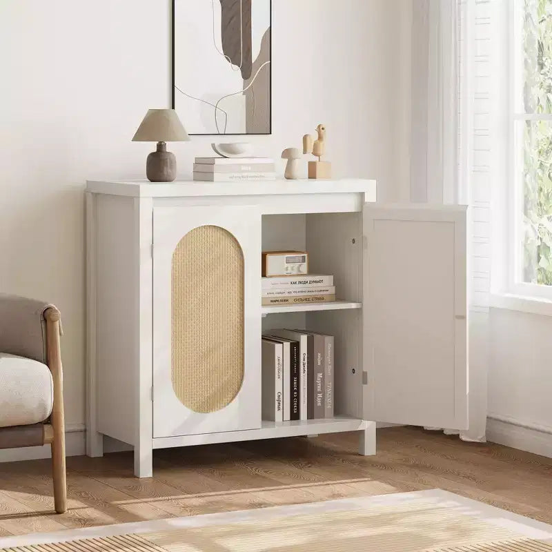 Aparador con puertas de ratán de 30.1 pulgadas, diseño de 2 puertas, aparador de madera natural para comedor y cocina