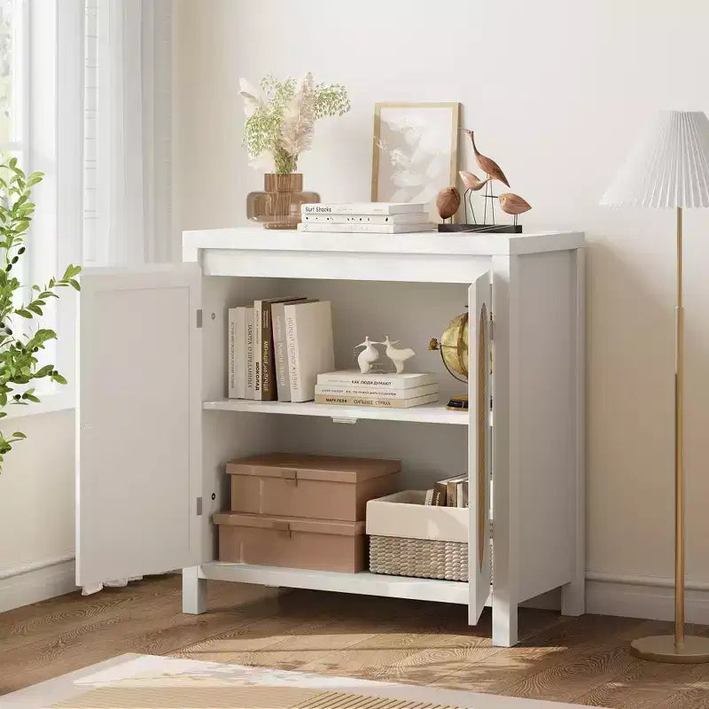 Aparador con puertas de ratán de 30.1 pulgadas, diseño de 2 puertas, aparador de madera natural para comedor y cocina
