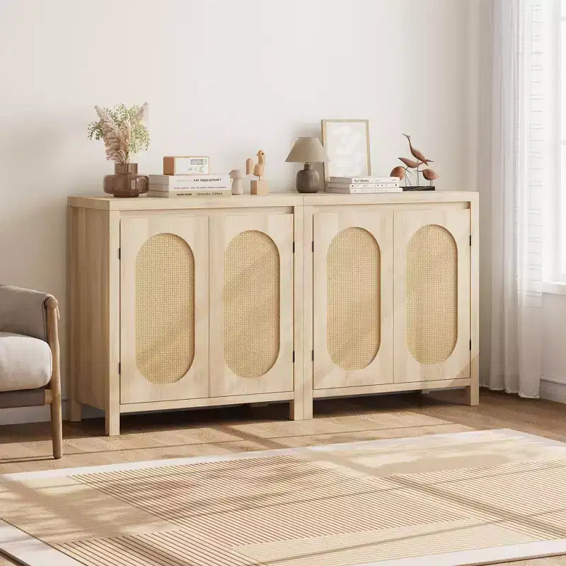 Aparador con puertas de ratán de 30.1 pulgadas, diseño de 2 puertas, aparador de madera natural para comedor y cocina