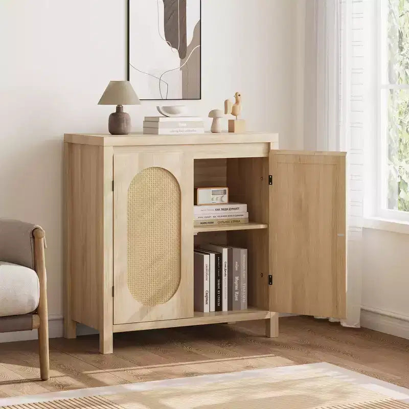 Aparador con puertas de ratán de 30.1 pulgadas, diseño de 2 puertas, aparador de madera natural para comedor y cocina