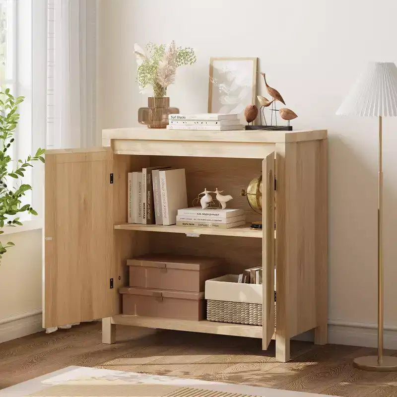 Aparador con puertas de ratán de 30.1 pulgadas, diseño de 2 puertas, aparador de madera natural para comedor y cocina