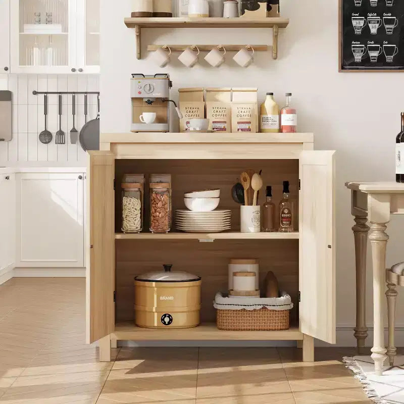 Aparador con puertas de ratán de 30.1 pulgadas, diseño de 2 puertas, aparador de madera natural para comedor y cocina