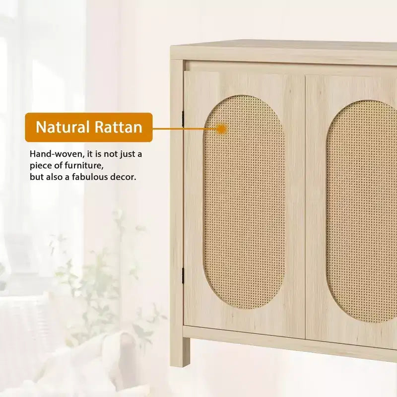 Aparador con puertas de ratán de 30.1 pulgadas, diseño de 2 puertas, aparador de madera natural para comedor y cocina