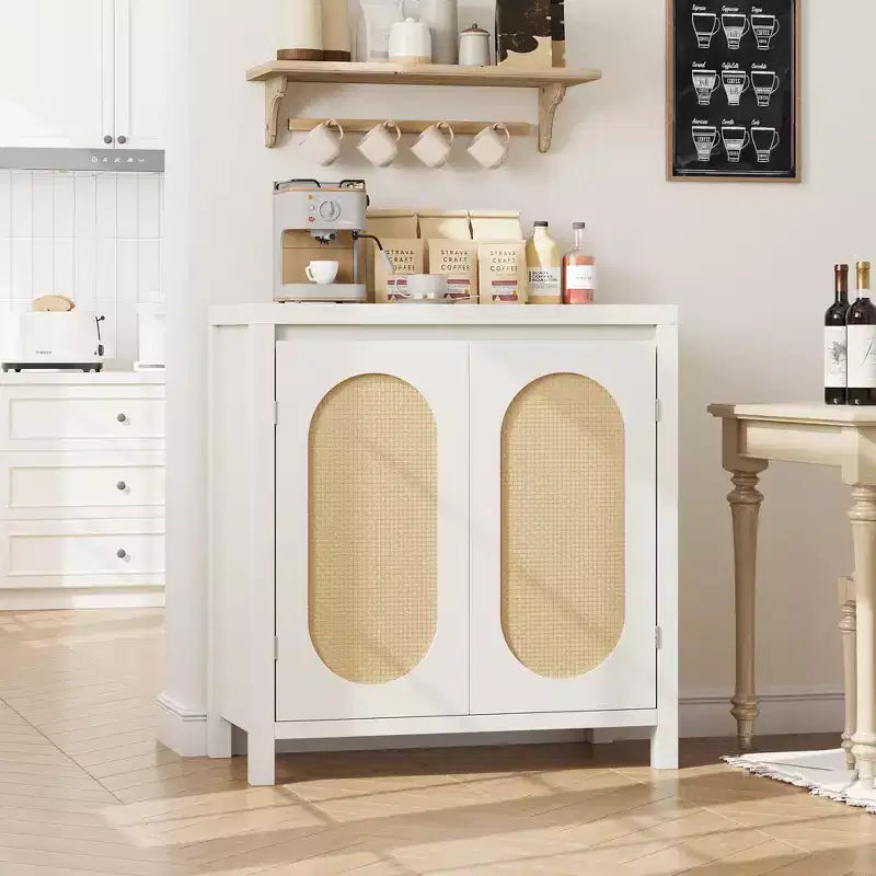 Aparador con puertas de ratán de 30.1 pulgadas, diseño de 2 puertas, aparador de madera natural para comedor y cocina