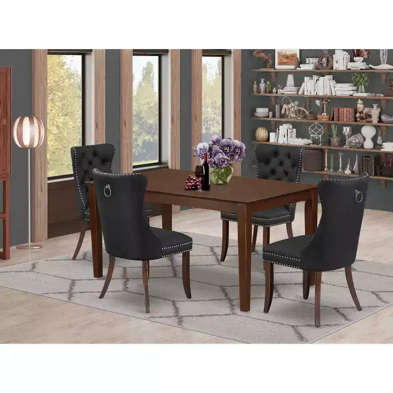 Juego de comedor de 5 piezas con tapa de madera maciza y tapicería, acabado rectangular en caoba, para 4 personas