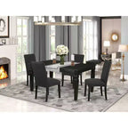 Mesa de comedor rectangular de madera maciza con acabado negro de 5 piezas con 4 sillas Parson con extensión de mariposa
