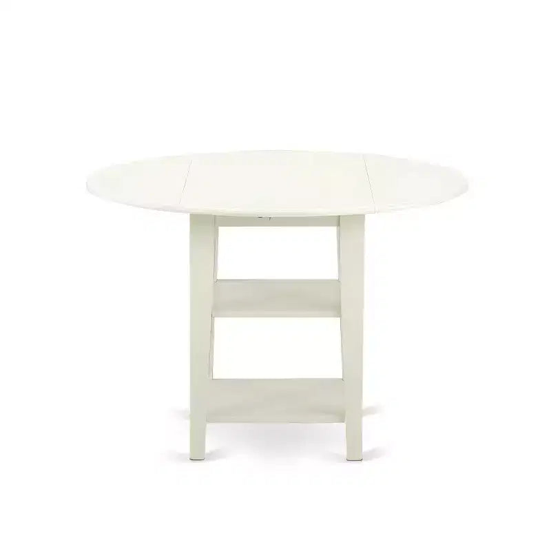 Mesa de comedor redonda de 3 piezas con tablero de madera maciza con acabado blanco lino y alas abatibles