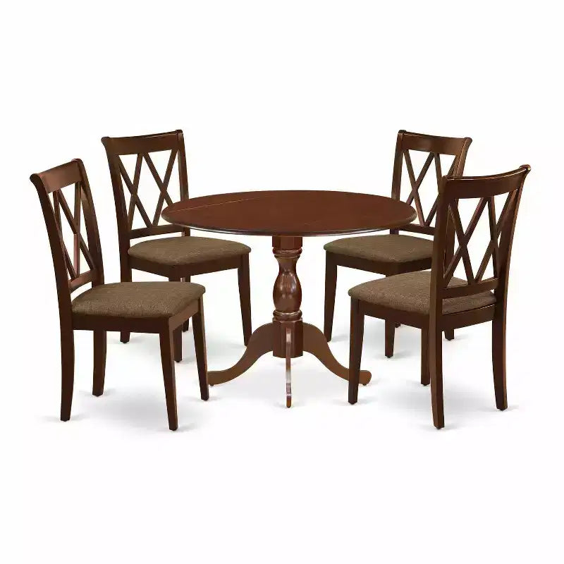 HomeStock 5-Piece Mahogany Finish Solid Wood Top Dining table with 4 Chairs with Drop Leaf Lattice Back