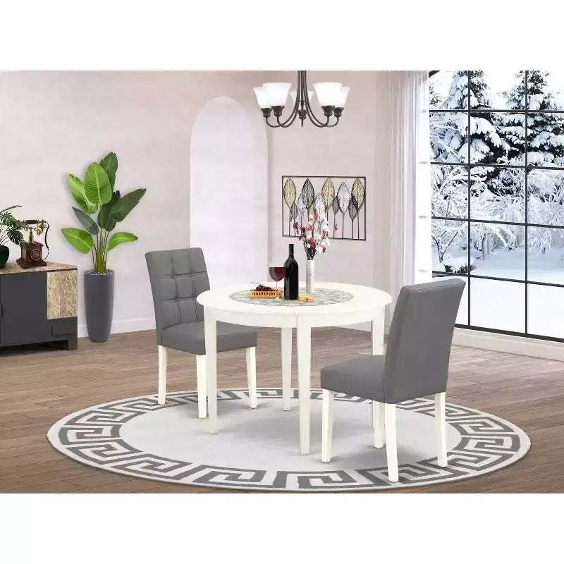 Juego de comedor de 3 piezas HomeStock, acabado lino blanco, mesa redonda con tapa de madera maciza - Asientos para 2