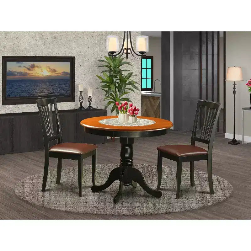 Juego de comedor de 3 piezas con parte superior de madera maciza con acabado negro - Asientos para 4