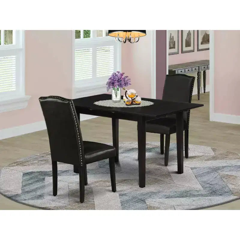 Juego de comedor HomeStock de 3 piezas, parte superior de madera maciza rectangular con acabado negro y hoja extensible de mariposa