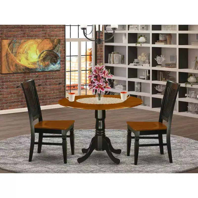 Juego de comedor de 3 piezas, parte superior de madera maciza con acabado negro y cerezo - Asientos para 4 personas