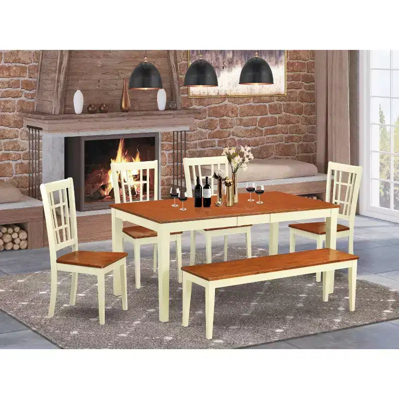 Juego de comedor rústico de 7 piezas - Mesa de cocina y 6 sillas - Juego de comedor de madera maciza