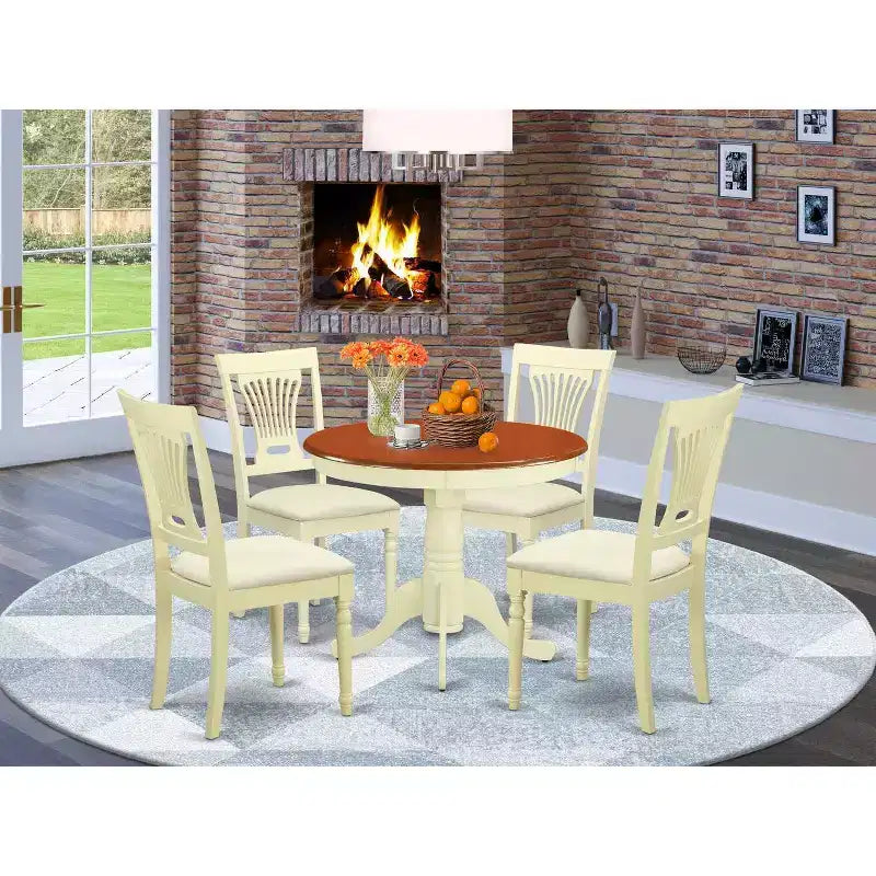Mesa de comedor redonda de 5 piezas con tapa de madera maciza con acabado de color crema y cereza con 4 sillas con