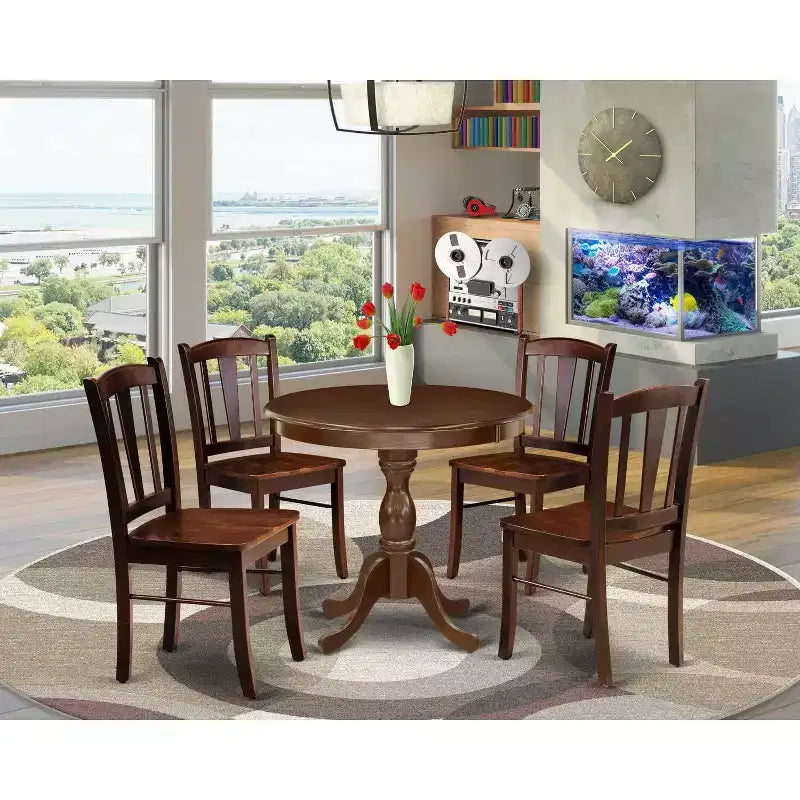 Juego de comedor de 5 piezas con tapa de madera maciza con acabado de caoba y 4 sillas con respaldo de listones