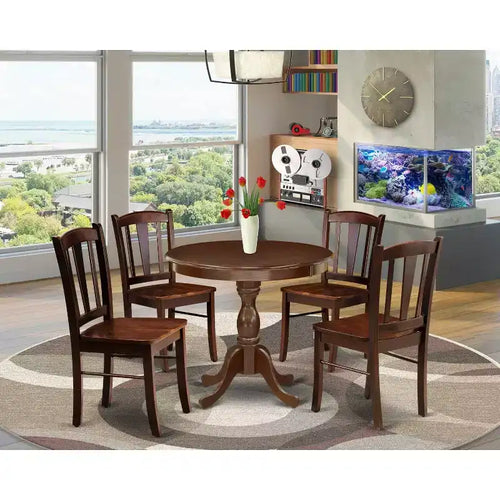Juego de comedor de 5 piezas con tapa de madera maciza con acabado de caoba y 4 sillas con respaldo de listones