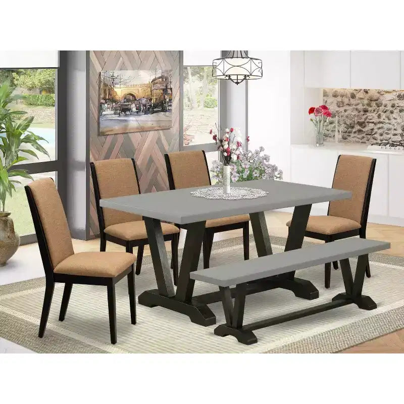 Mesa de comedor de 6 piezas rectangular con tapa de madera maciza con acabado de roble natural con 1 banco y 4 sillas