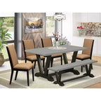 Mesa de comedor de 6 piezas rectangular con tapa de madera maciza con acabado de roble natural con 1 banco y 4 sillas