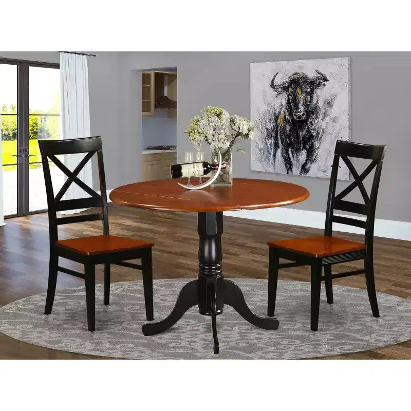 Mesa de Comedor Redonda - Mesa y Sillas de Cocina de 3 Piezas, 42 Pulgadas, Acabado Cerezo Negro