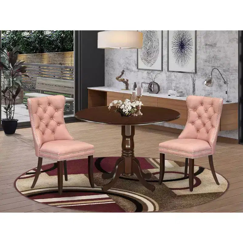 Juego de comedor de 3 piezas de madera maciza con tapa redonda y tapizado en acabado de caoba - Asientos para 4