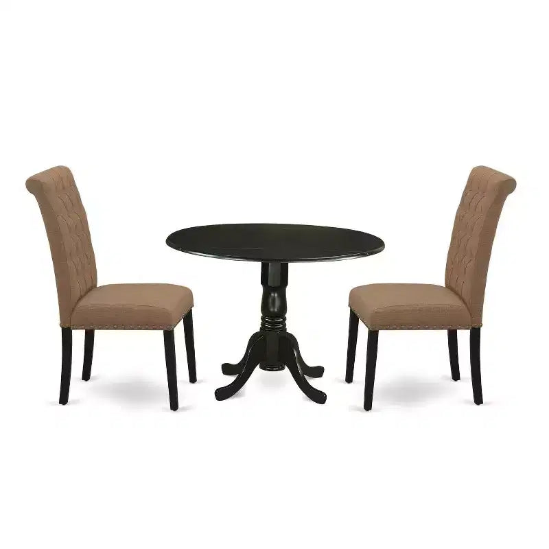 HomeStock 3-Pc Black Finish Solid Wood Top - Round Dining Room Set with Dropleaf - Seats 4